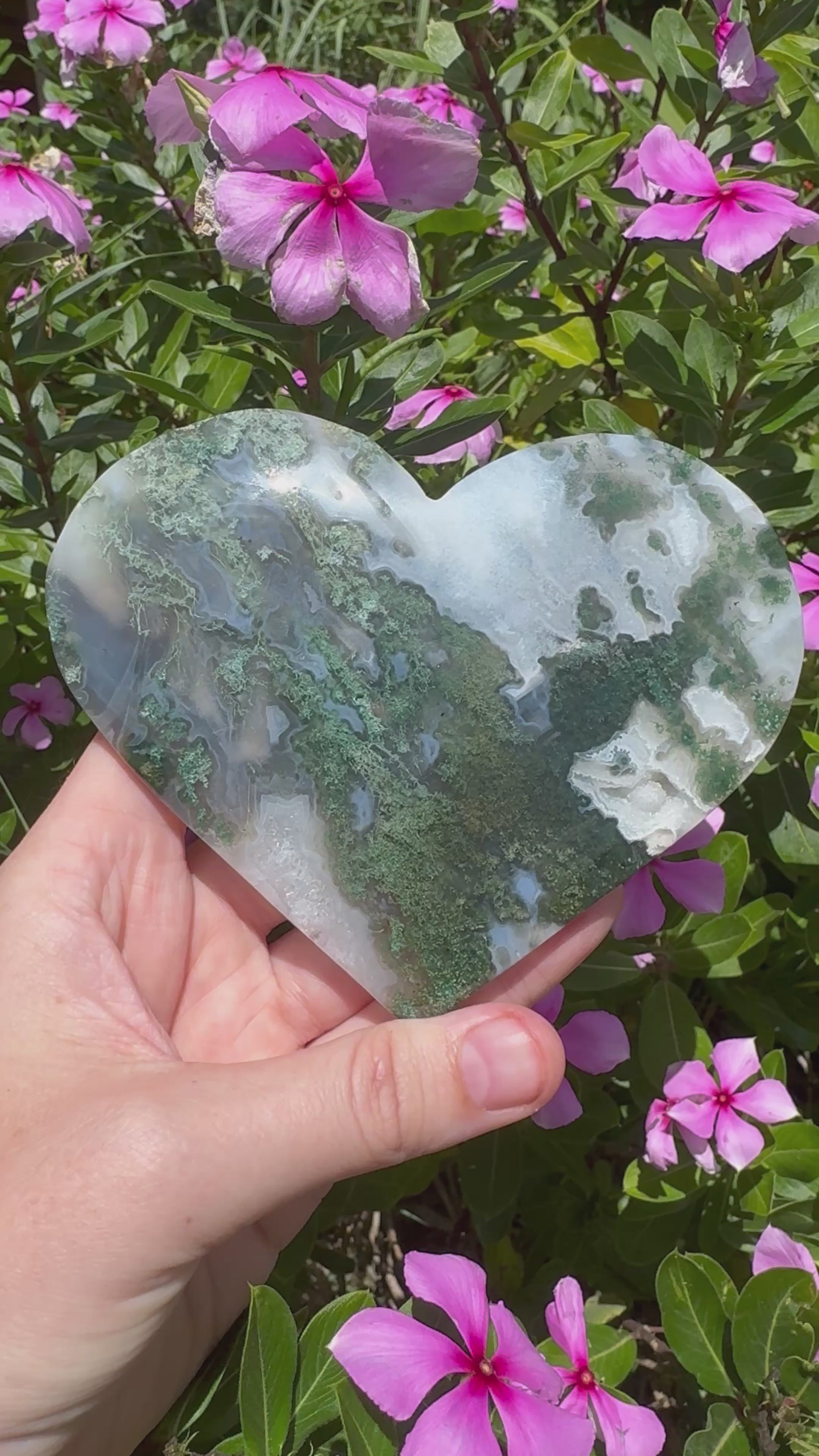 Moss Agate Heart on Stand - High Quality